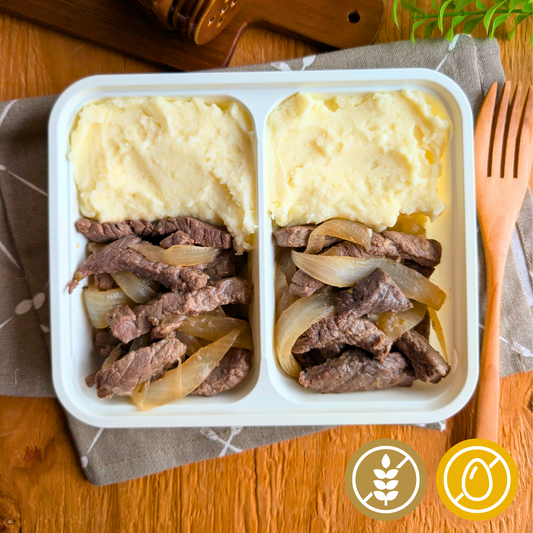 Bife Acebolado com Purê de Batata "Mistura Dupla"